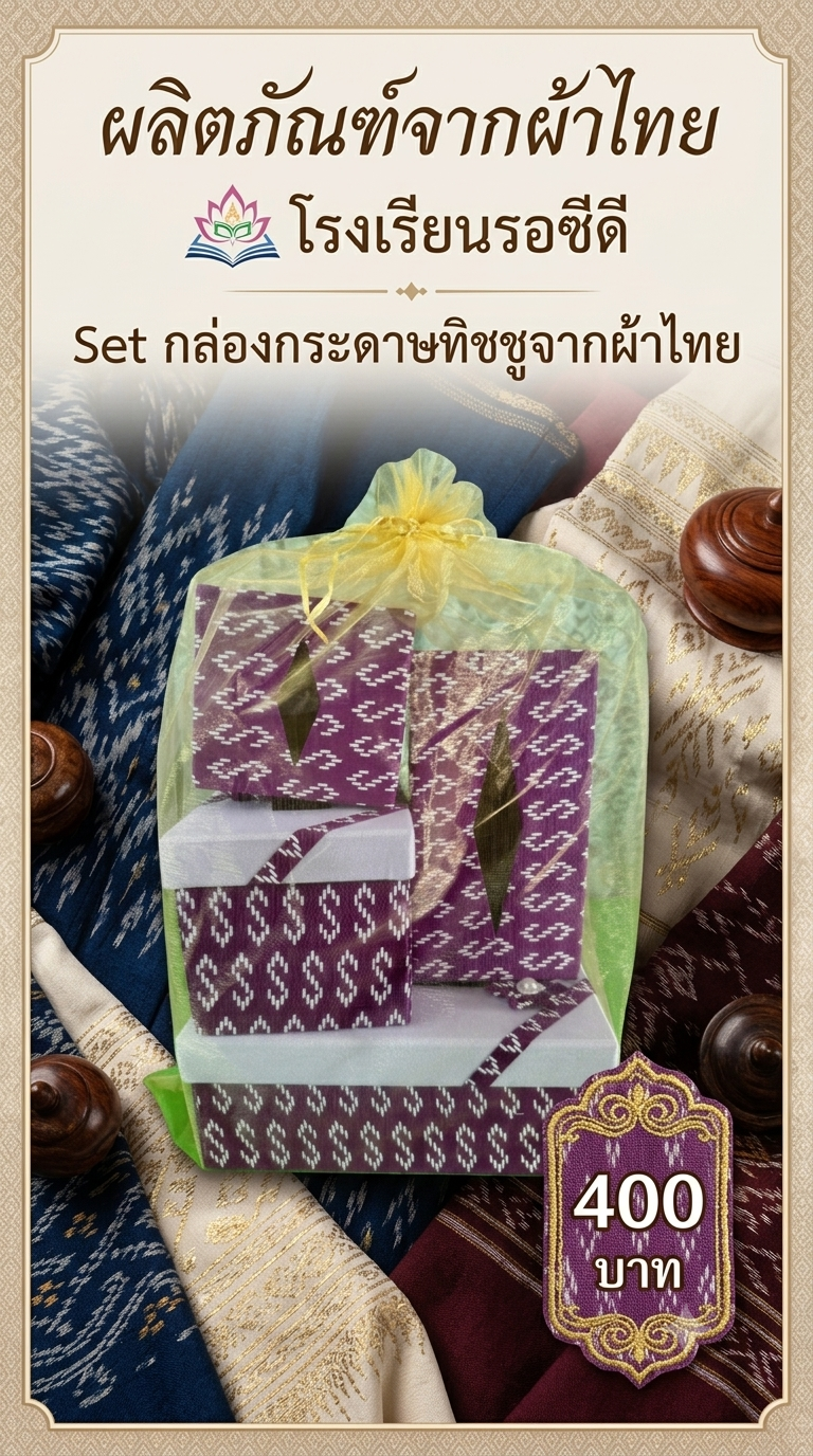 รูปภาพหลักของ SET กล่องกระดาษทิชชู่ลายไทย 4 ชิ้น ลายขอ สีม่วง